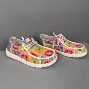 Hey Dude Wendy Crochet Squares Pink Multi Color Patchwork Slip On Shoes Womens 8